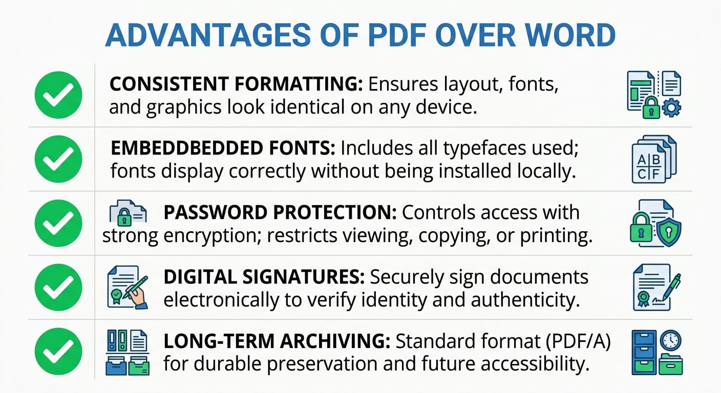 PDF advantages over Word format illustrated as a practical checklist