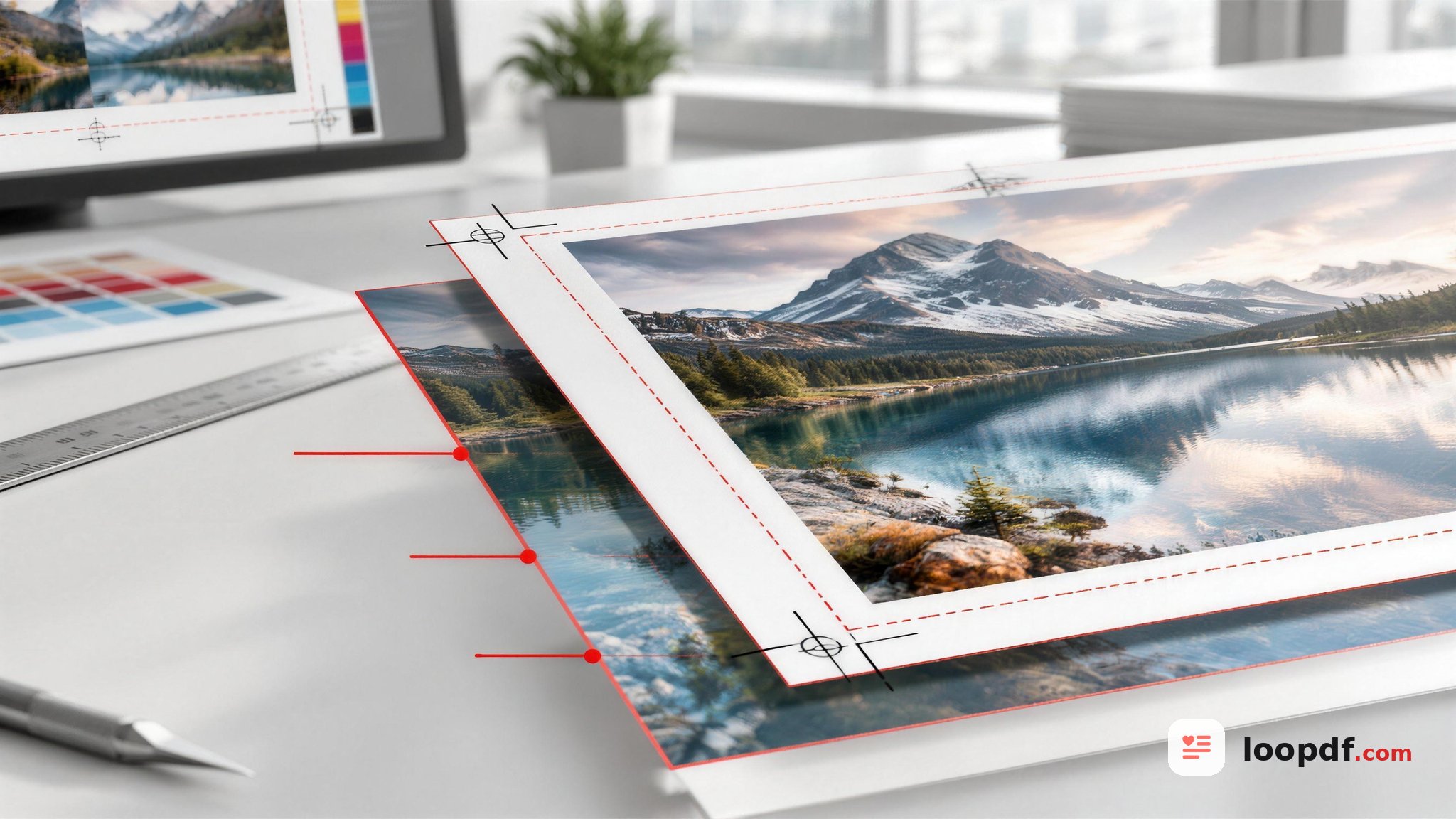 A printed document with visible crop marks and bleed guides sits beside design tools, illustrating print-ready PDF setup.