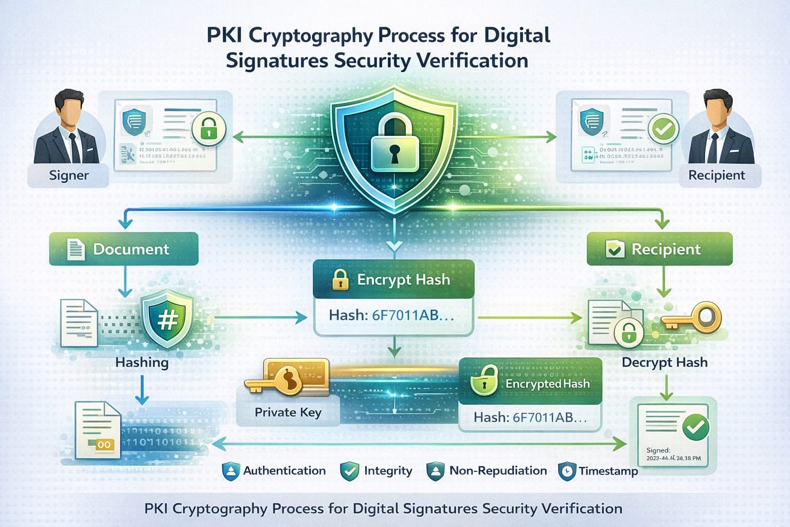 PKI cryptography process for digital signatures security verification