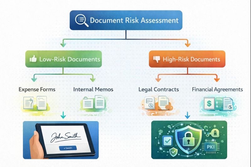 Decision framework flowchart for choosing eSignatures vs digital signatures