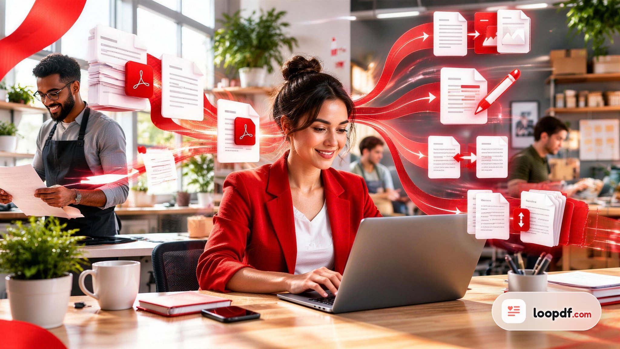 Small business owner using pdf tools for small business to manage documents on a laptop in {year}