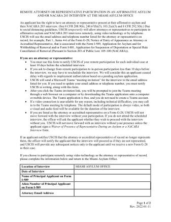 USCIS Form MIAMI-ATTORNEY-REPRESENTATIVE-REMOTE-INTERVIEW-PARTICIPATION-OPT-IN-FORM01112022