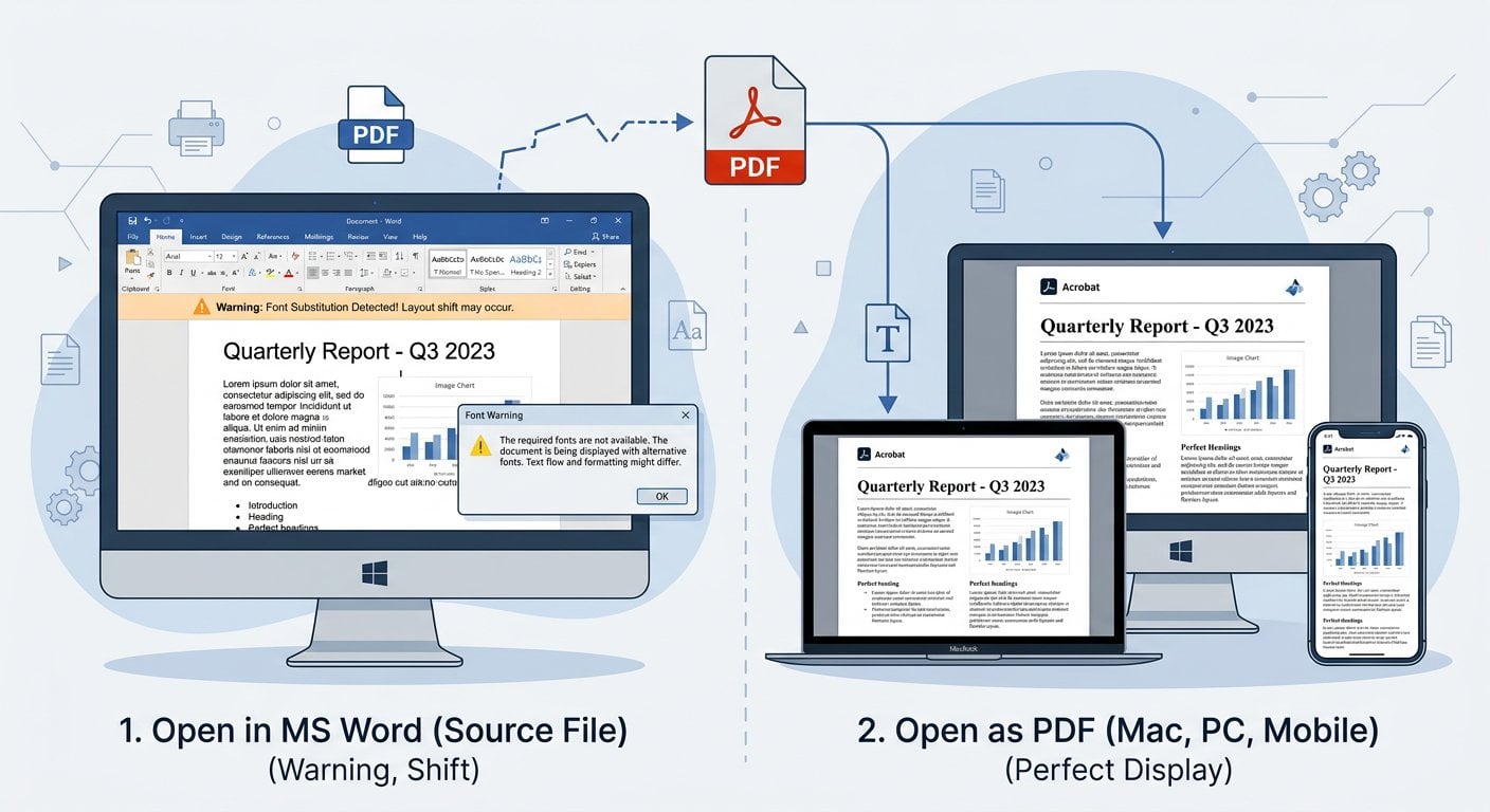 PDF vs Word format comparison showing layout differences on multiple devices
